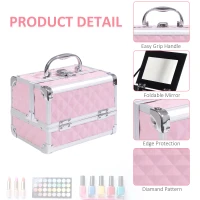 HOMCOM 3 Tier Diamond Texture Makeup Case Train Case Cosmetic Organizer with Mirror, Pink(m-5)
