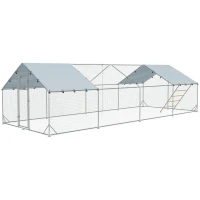 PawHut Metal Chicken Run w/ Waterproof & Anti-UV Cover, Feeding Door, Hanging Feeder, for 24-30 Chickens, 9.8' x 26.2' x 6.4'(m-1)