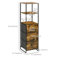 HOMCOM Industrial Storage Cabinet with 2 Open Shelves and 3 Foldable Fabric Drawers, Multifunctional Bookshelf In Living Room, Study, Rustic Brown(m-3)