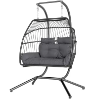 Outsunny Double Wicker Egg Swing Chair with Stand, Foldable Hanging Egg Chair with UV Resistant Cushion, Headrest, Dark Grey(m-2)