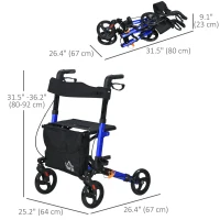 HOMCOM Rollator for Seniors with Seat, Back, Cane Holder, Aluminium Folding Rolling Walker with Adjustable Handle, Bag, Blue(m-3)