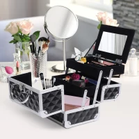 HOMCOM 3 Tier Diamond Texture Makeup Case Train Case Cosmetic Organizer with Mirror, Black(m-8)