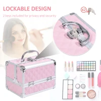 HOMCOM 3 Tier Diamond Texture Makeup Case Train Case Cosmetic Organizer with Mirror, Pink(m-4)