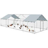 PawHut Metal Chicken Run w/ Waterproof & Anti-UV Cover, Feeding Door, Hanging Feeder, for 24-30 Chickens, 9.8' x 26.2' x 6.4'(m-11)