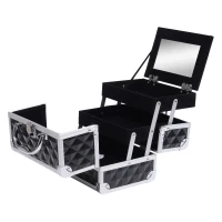 HOMCOM 3 Tier Diamond Texture Makeup Case Train Case Cosmetic Organizer with Mirror, Black(m-11)