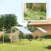 PawHut Metal Chicken Run w/ Waterproof & Anti-UV Cover, Feeding Door, Hanging Feeder, for 24-30 Chickens, 9.8' x 26.2' x 6.4'(m-3)