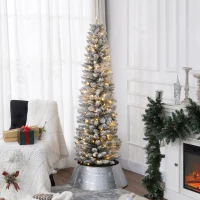 HOMCOM 6ft Artificial Prelit Christmas Tree with Warm White LED Light, Snow Flocked Branches, Metal Base, Pencil Xmas Tree(m-8)