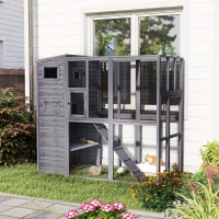 PawHut Outdoor Wooden Catio with 4 Tier Main House, Ramp, Platforms, Asphalt Roof, Ramps, Sliding Door, Window, Grey(m-11)
