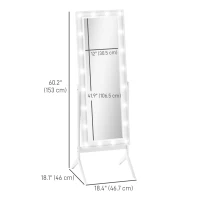 HOMCOM Free Standing Mirror with Lights and Adjustable Angles 60" x 18" Floor Mirror with Frame for Bedroom Living Room, White(m-3)