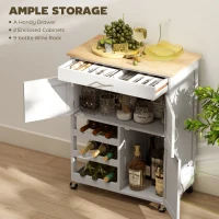 HOMCOM Rolling Kitchen Cart, Kitchen Island with Storage Drawer, 9-bottle Wine Rack, Door Cabinets, Wooden Countertop, White(m-4)