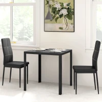 HOMCOM 3-Piece Rectangular Glass Kitchen Table and Chairs with Metal Frame and Faux Leather Upholstery for Dining Room, Black(m-8)