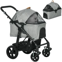 PawHut 2 in 1 Dog Stroller with Detachable Carriage Bag, Adjustable Canopy, Safety Leashes, Storage Basket for S Dogs, Grey(m-11)