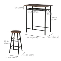 HOMCOM 3 Piece Counter Height Bar Table Set with 1 Table, 2 Matching Stools, Dining Table Set with Storage Shelf and Metal Frame Footrest, Black and Oak(m-3)