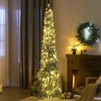 HOMCOM 7' Artificial Slim Christmas Trees, with Snow Frosted Branches, Warm White or Colorful LED Lights, Downswept Shape(m-10)