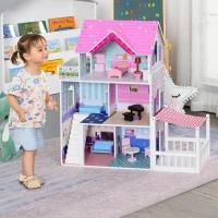 Qaba 2.9ft Kids Wooden Dollhouse Dreamhouse Villa with Patio Dollhouse with Furniture Accessories Kit for Toddler Girls Multi-level House for Children Pink(m-1)