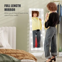 HOMCOM Free Standing Mirror with Lights and Adjustable Angles 60" x 18" Floor Mirror with Frame for Bedroom Living Room, White(m-4)