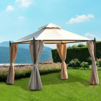 Outsunny 10x10ft Patio Gazebo Canopy Double-tire Garden Shelter Outdoor Sun Shade with Curtains, Beige(m-1)
