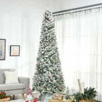 HOMCOM 9-foot Pencil Snow Flocked Artificial Christmas Tree with 1350 Pine Realistic Branches, Pine Cones, Red Berries, Auto Open, Green(m-1)