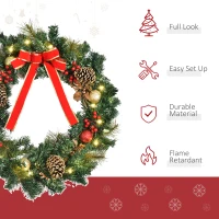 HOMCOM Christmas Wreath 24" Pre-Lit Artificial Greenery Xmas Spruce Wreath Cones Red Berries 20 LED Lights Battery Operated(m-4)