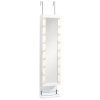 HOMCOM Mirror Jewellery Cabinet Armoire, Jewellery Organizer with 18 LED Lights, Wall-Mounted and Over-The-Door Cabinet with 3 Mountable Heights, Drawer and Open Shelf, White(m-11)