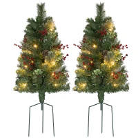 HOMCOM 2ft 2 Pack Artificial Christmas Tree, Pre Lit Christmas Tree with Red Berries and Pine Cones, Battery Operated, Green(m-2)
