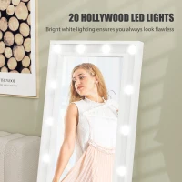 HOMCOM Free Standing Mirror with Lights and Adjustable Angles 60" x 18" Floor Mirror with Frame for Bedroom Living Room, White(m-5)