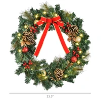 HOMCOM Christmas Wreath 24" Pre-Lit Artificial Greenery Xmas Spruce Wreath Cones Red Berries 20 LED Lights Battery Operated(m-3)