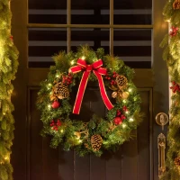 HOMCOM Christmas Wreath 24" Pre-Lit Artificial Greenery Xmas Spruce Wreath Cones Red Berries 20 LED Lights Battery Operated(m-1)