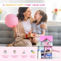 Qaba 2.9ft Kids Wooden Dollhouse Dreamhouse Villa with Patio Dollhouse with Furniture Accessories Kit for Toddler Girls Multi-level House for Children Pink(m-7)