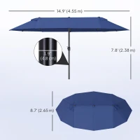 Outsunny 15ft Patio Sun Umbrella with Twin Canopy, Extra Large Outdoor Parasol with Crank for Pool, Deck, Market, Blue(m-3)