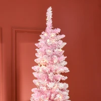 HOMCOM 7.5 Foot Prelit Snow Flocked Artificial Christmas Tree with Pencil Shape, 700 Pine Realistic Branches, Warm White LED lights, Auto Open, Pink and White(m-9)