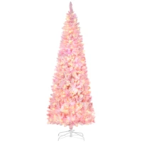 HOMCOM 7.5 Foot Prelit Snow Flocked Artificial Christmas Tree with Pencil Shape, 700 Pine Realistic Branches, Warm White LED lights, Auto Open, Pink and White(m-11)