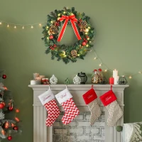 HOMCOM Christmas Wreath 24" Pre-Lit Artificial Greenery Xmas Spruce Wreath Cones Red Berries 20 LED Lights Battery Operated(m-8)