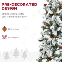 HOMCOM 9-foot Pencil Snow Flocked Artificial Christmas Tree with 1350 Pine Realistic Branches, Pine Cones, Red Berries, Auto Open, Green(m-5)