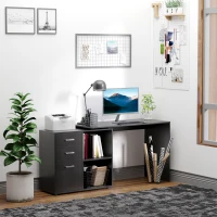 HOMCOM L-Shaped Corner Straight Writing Desk with Storage Shelf, Drawer, Home Office PC Table Computer Workstation, Black(m-7)