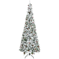 HOMCOM 9-foot Pencil Snow Flocked Artificial Christmas Tree with 1350 Pine Realistic Branches, Pine Cones, Red Berries, Auto Open, Green(m-11)