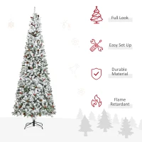 HOMCOM 9-foot Pencil Snow Flocked Artificial Christmas Tree with 1350 Pine Realistic Branches, Pine Cones, Red Berries, Auto Open, Green(m-4)