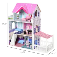 Qaba 2.9ft Kids Wooden Dollhouse Dreamhouse Villa with Patio Dollhouse with Furniture Accessories Kit for Toddler Girls Multi-level House for Children Pink(m-3)