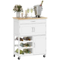 HOMCOM Rolling Kitchen Cart, Kitchen Island with Storage Drawer, 9-bottle Wine Rack, Door Cabinets, Wooden Countertop, White(m-2)