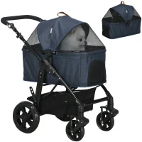 PawHut 2 in 1 Dog Stroller with Detachable Carriage Bag, Adjustable Canopy, Safety Leashes, Storage Basket for S Dogs, Blue(m-11)