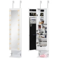 HOMCOM Mirror Jewellery Cabinet Armoire, Jewellery Organizer with 18 LED Lights, Wall-Mounted and Over-The-Door Cabinet with 3 Mountable Heights, Drawer and Open Shelf, White(m-2)