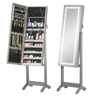 HOMCOM Lockable Jewellery Armoire with LED Light, Standing Mirror with Storage for Bedroom Dressing Room, Grey(m-11)