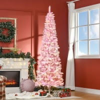 HOMCOM 7.5 Foot Prelit Snow Flocked Artificial Christmas Tree with Pencil Shape, 700 Pine Realistic Branches, Warm White LED lights, Auto Open, Pink and White