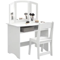 Qaba 2 in 1 Kids Vanity Set Makeup Dressing Table Pretend Play Set with Tri-Folding Mirror, Stool, Storage Shelf(m-11)