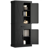 HOMCOM 72" Kitchen Storage Cabinet, Farmhouse Kitchen Pantry Cabinet with 4 Barn Doors, Drawer, Adjustable Shelves, Black(m-11)