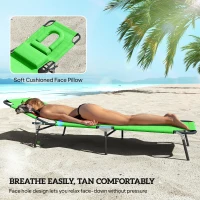 Outsunny 2PCS Adjustable Outdoor Lounge Chair, Garden Folding Chaise Lounge with Face Hole Reclining Tanning Chair Seat, Folding Camping Beach Lounging Bed w/ Head Support Green(m-7)