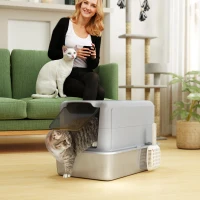 PawHut Stainless Steel Cat Litter Box w/ Removable Lid & Scoop, for Small to Large Cats, Easy to Clean, Grey(m-1)