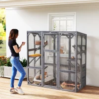 PawHut Outdoor Cat Enclosure with 6 Jumping Platforms, Weatherproof Roof, Large Front Door for 1-3 Cats, 59" x 28" x 60", Grey(m-9)