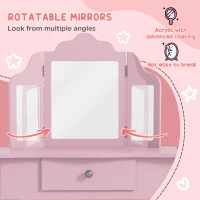 Qaba Kids Vanity Table and Stool, Makeup Vanity Girls Dressing Table Set with Tri-folding Mirrors Drawer Star and Heart Pattern, Pink(m-6)