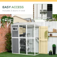 PawHut Wooden Cat Catio, 66.5"L Walk in Outdoor Cat House with PVC Weather Protection Roof, Multiple Platforms, Lockable Doors, Resting Condo, Observation Window, for 2 Cats(m-6)